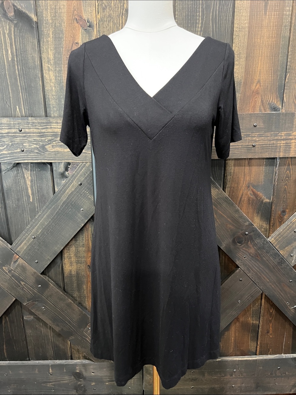 Eileen Fisher Black V-Neck T-Shirt Dress S Pima Cotton Jersey Soft Minimalist